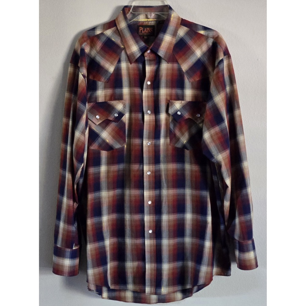 Plains Western Wear Pearl Snap Shirt Mens XL Plaid‎ Cowboy Western